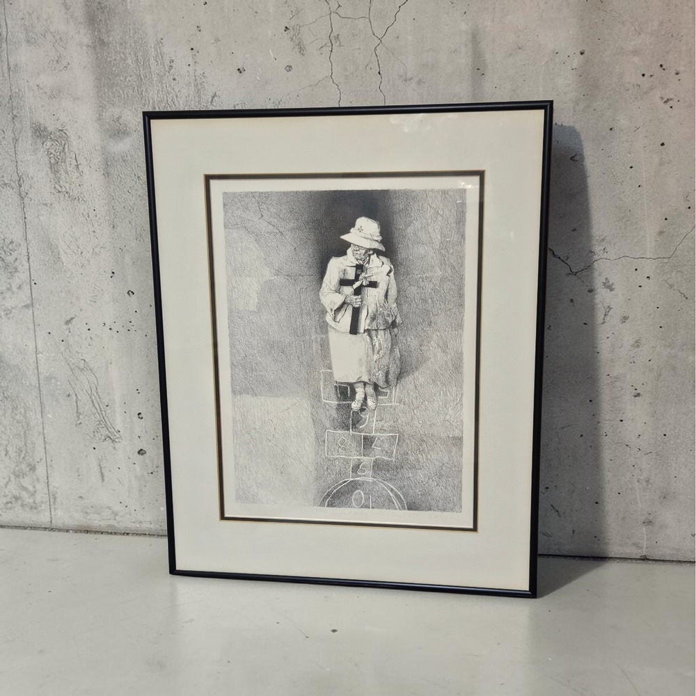 1975 Henry Casselli Signed Lithograph The Old Lady with the Cross Art Framed